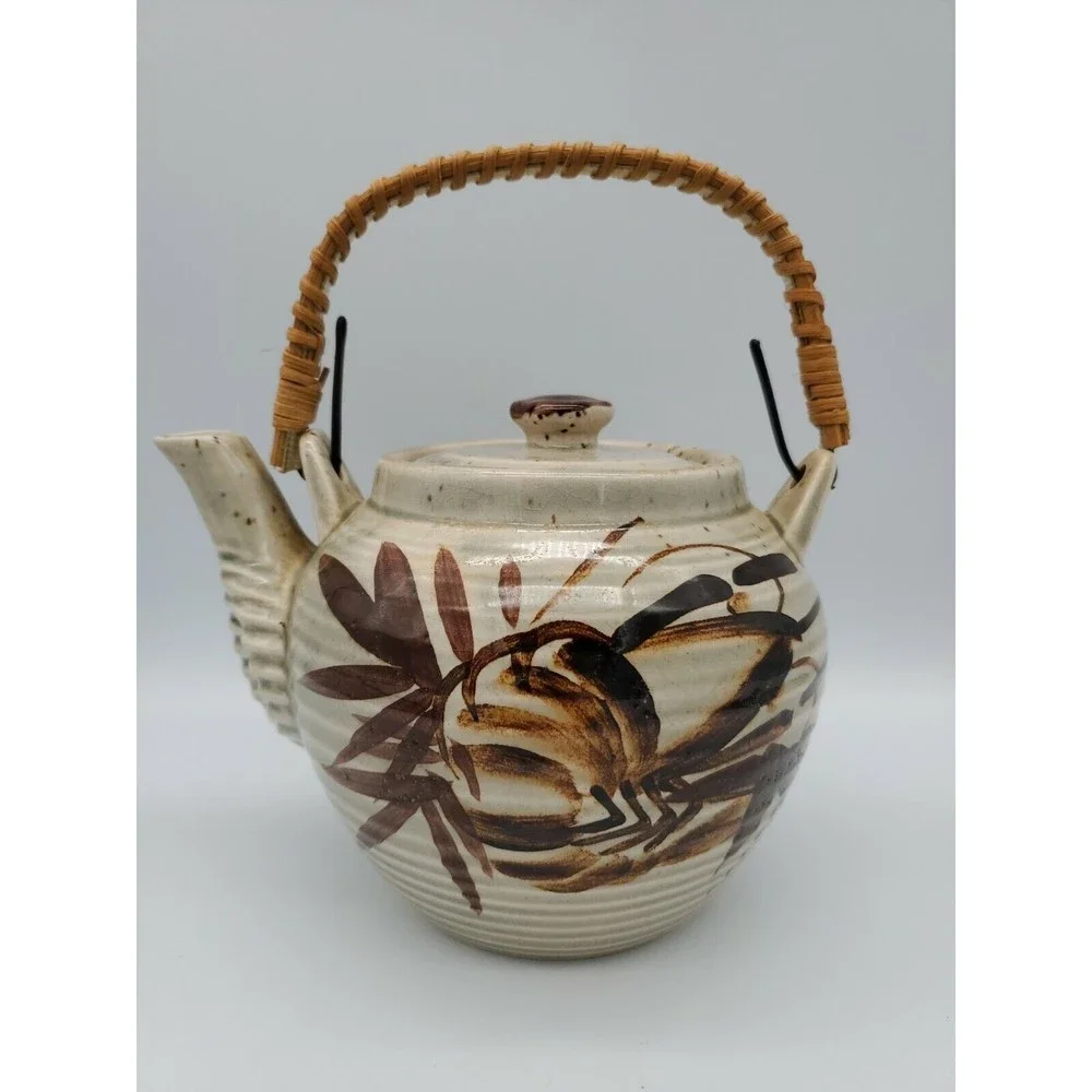 Vintage Japan Ceramic Stoneware Teapot with Wicker Bamboo Handle Asian